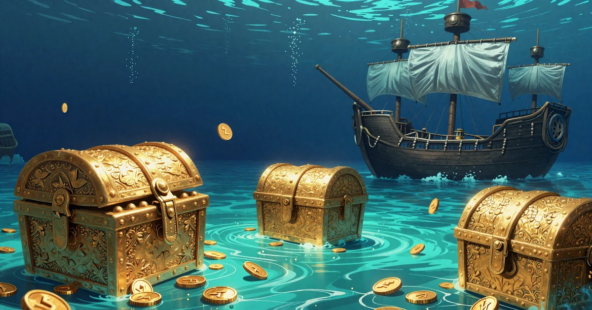 Piraten Fugu Fisch Mascotte mit Piratenhut und Augenklappe schwimmt &uuml;ber Goldschatztruhen am Meeresgrund